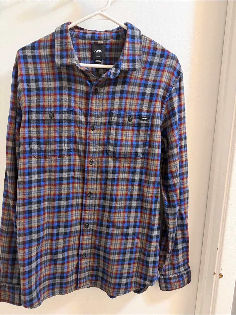 Vans Men’s Blue and Brown Plaid Button-Down Shirt